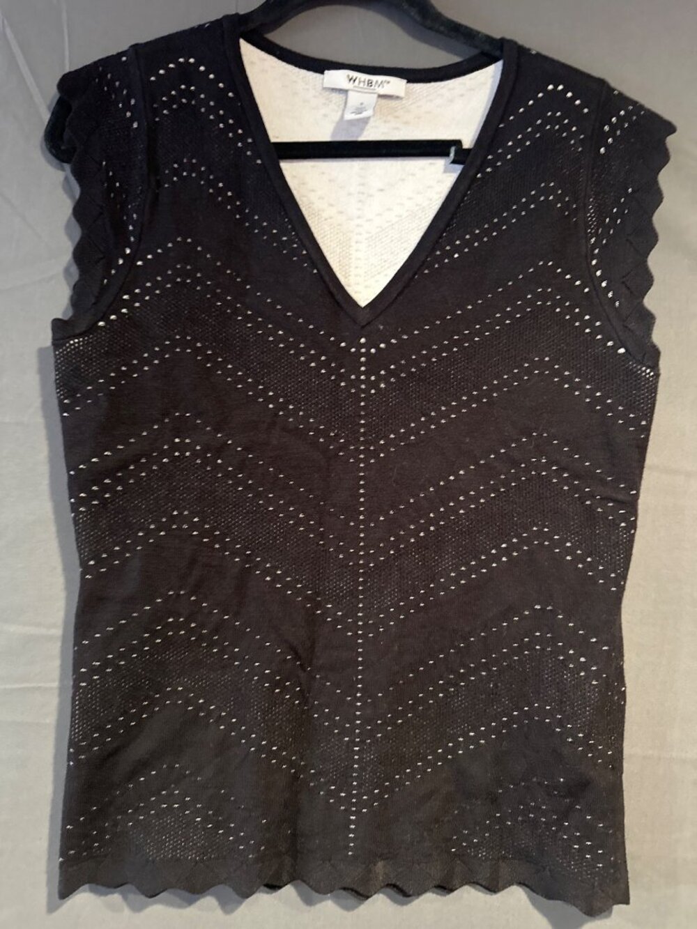 White House Black Market Womens Small Knit Top Black Ivory Pointelle Scallop V N